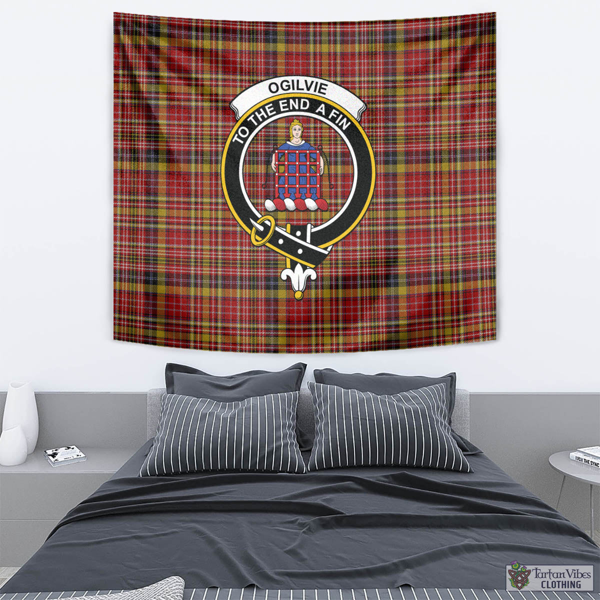 Tartan Vibes Clothing Ogilvie (Ogilvy) of Strathallan Tartan Tapestry Wall Hanging and Home Decor for Room with Family Crest