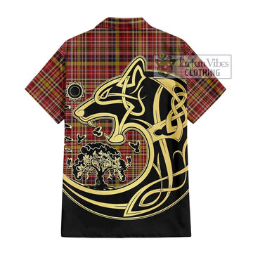 Ogilvie (Ogilvy) of Strathallan Tartan Short Sleeve Button Shirt with Family Crest Celtic Wolf Style