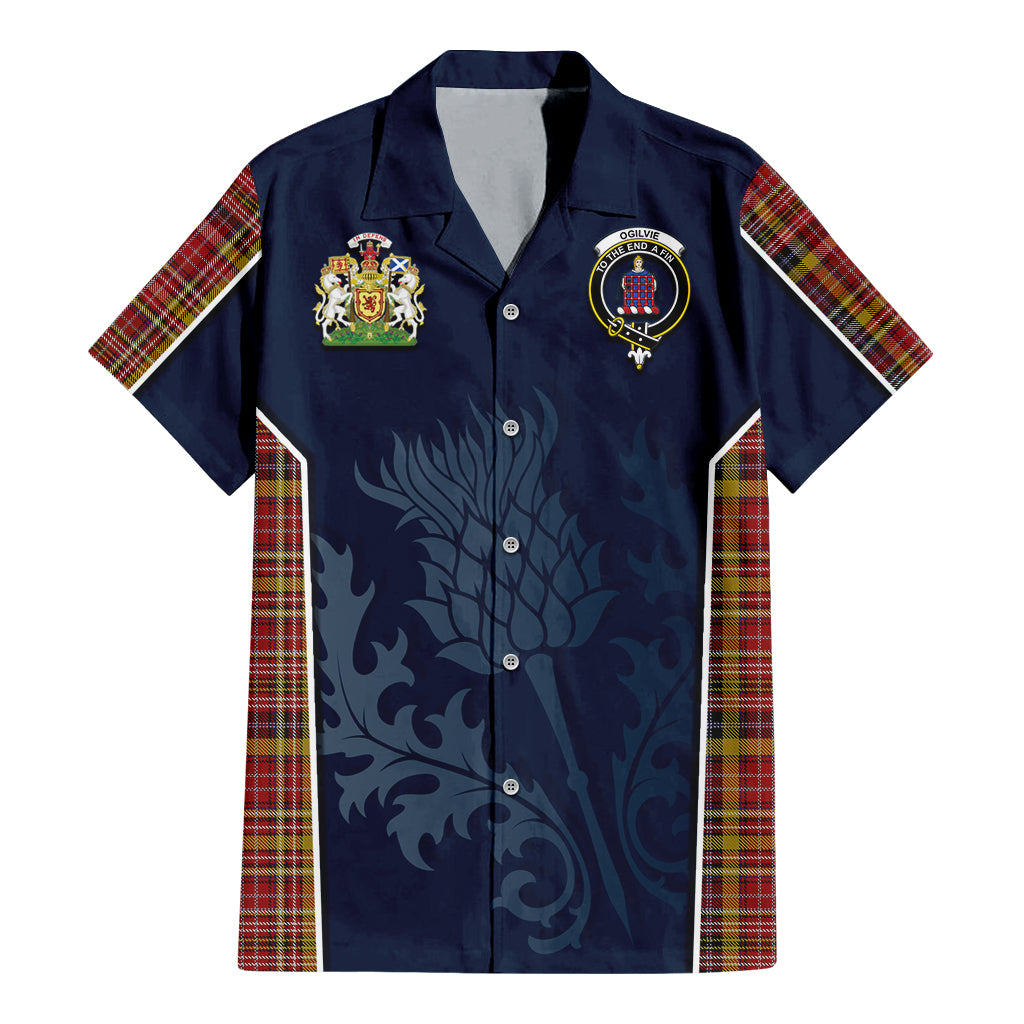 Tartan Vibes Clothing Ogilvie (Ogilvy) of Strathallan Tartan Short Sleeve Button Up Shirt with Family Crest and Scottish Thistle Vibes Sport Style