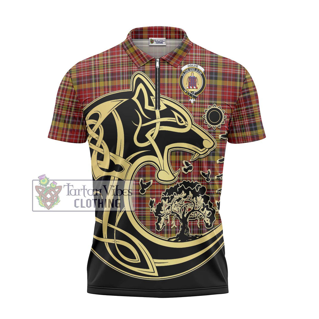 Ogilvie (Ogilvy) of Strathallan Tartan Zipper Polo Shirt with Family Crest Celtic Wolf Style - Tartanvibesclothing Shop