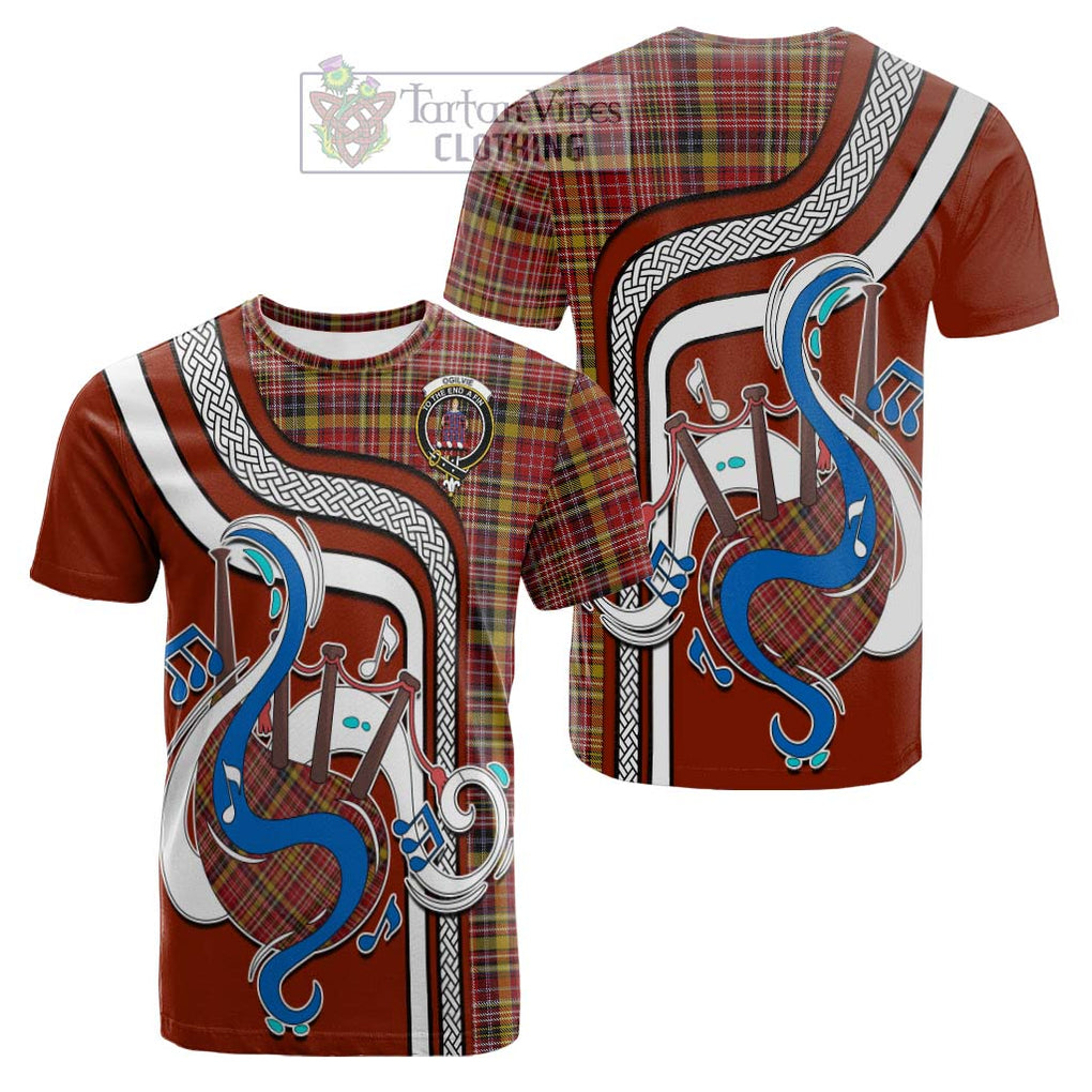 Tartan Vibes Clothing Ogilvie (Ogilvy) of Strathallan Tartan Cotton T-shirt with Epic Bagpipe Style