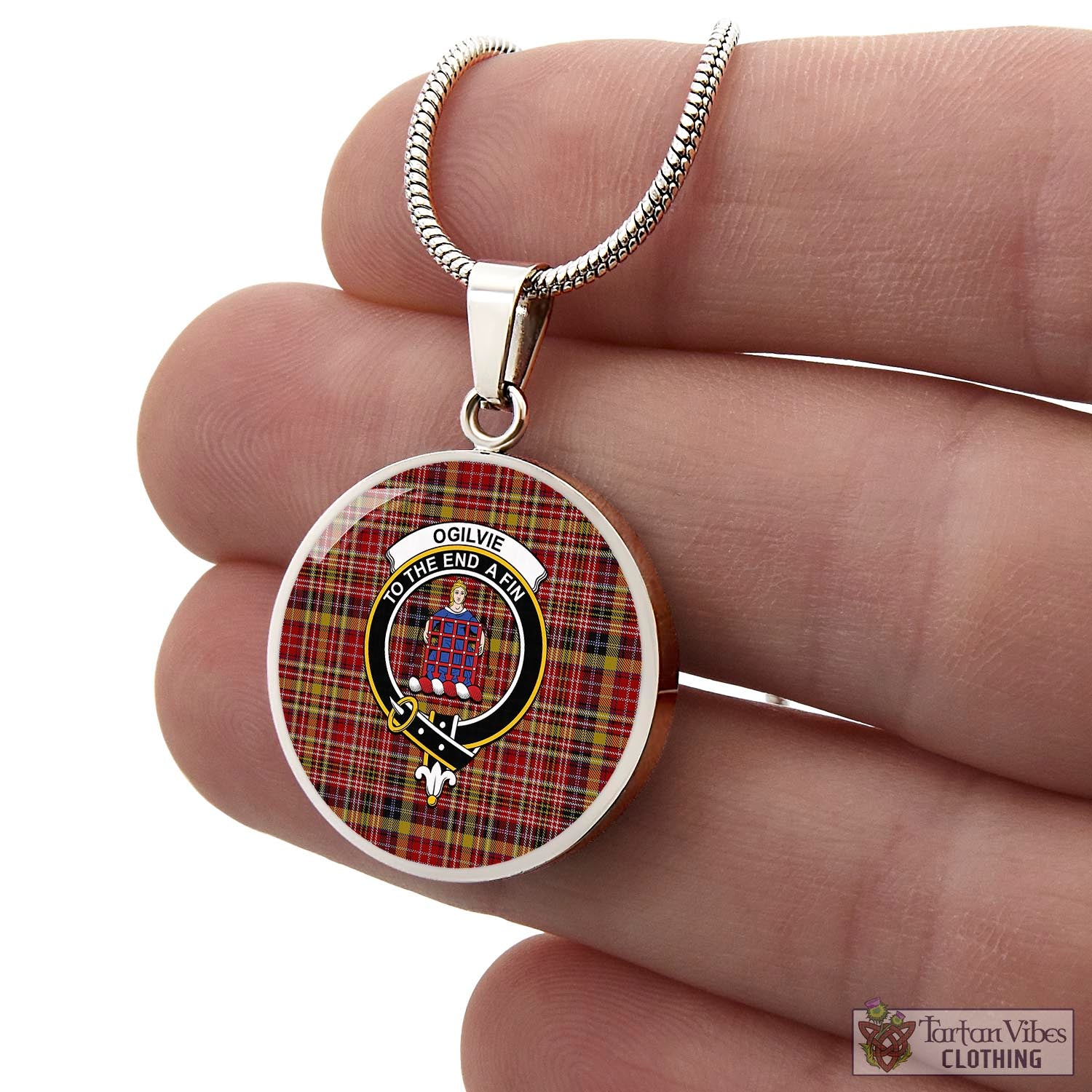 Tartan Vibes Clothing Ogilvie (Ogilvy) of Strathallan Tartan Circle Necklace with Family Crest