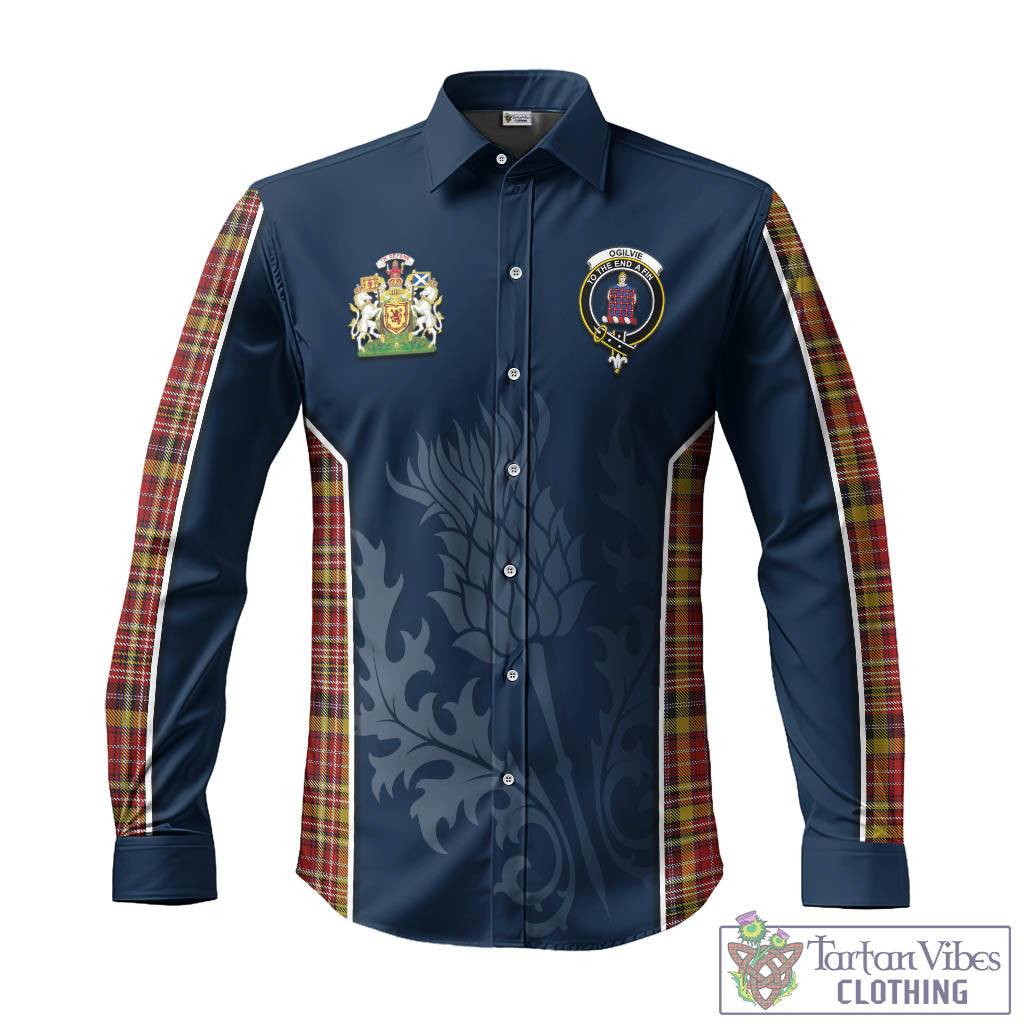 Tartan Vibes Clothing Ogilvie (Ogilvy) of Strathallan Tartan Long Sleeve Button Up Shirt with Family Crest and Scottish Thistle Vibes Sport Style