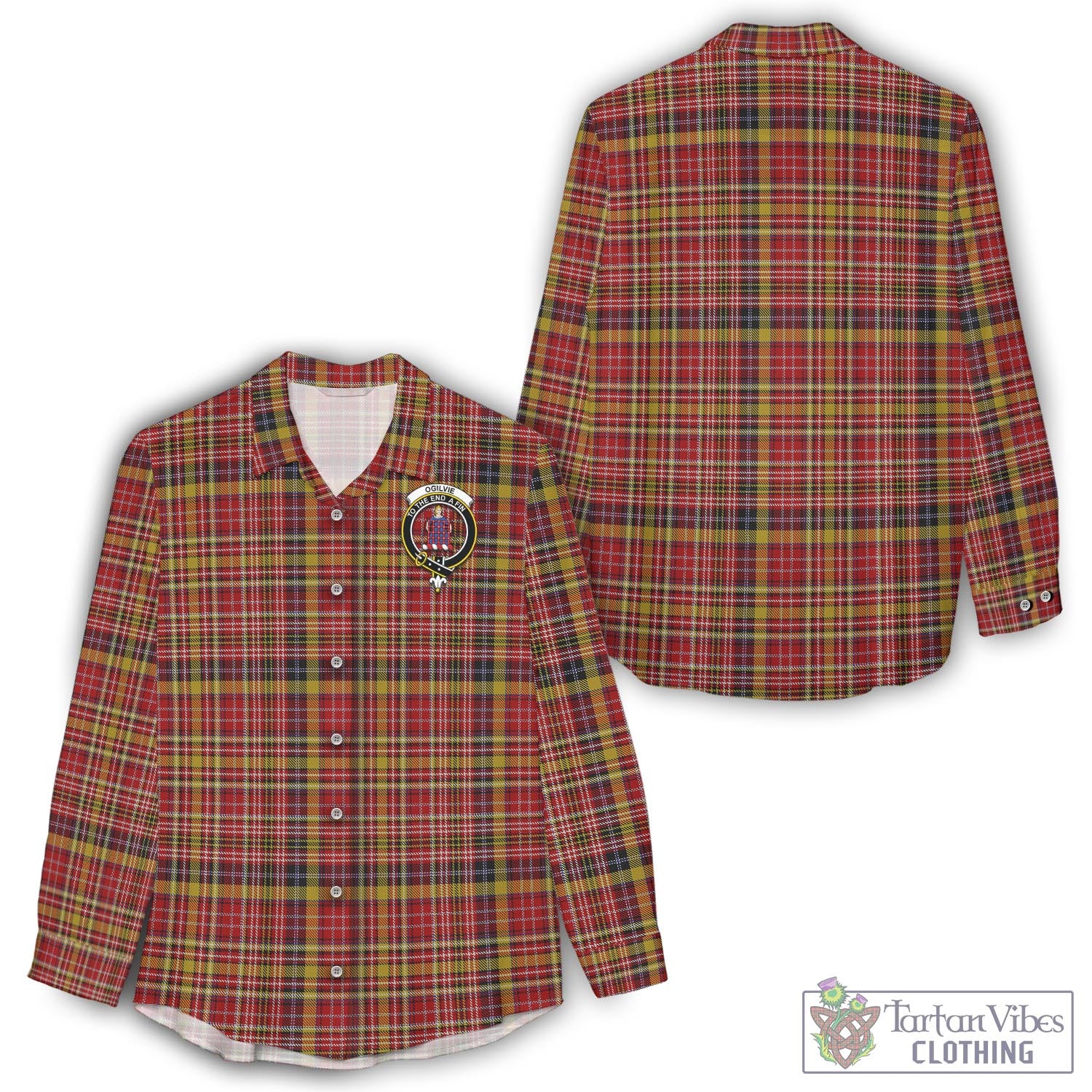 Tartan Vibes Clothing Ogilvie (Ogilvy) of Strathallan Tartan Womens Casual Shirt with Family Crest