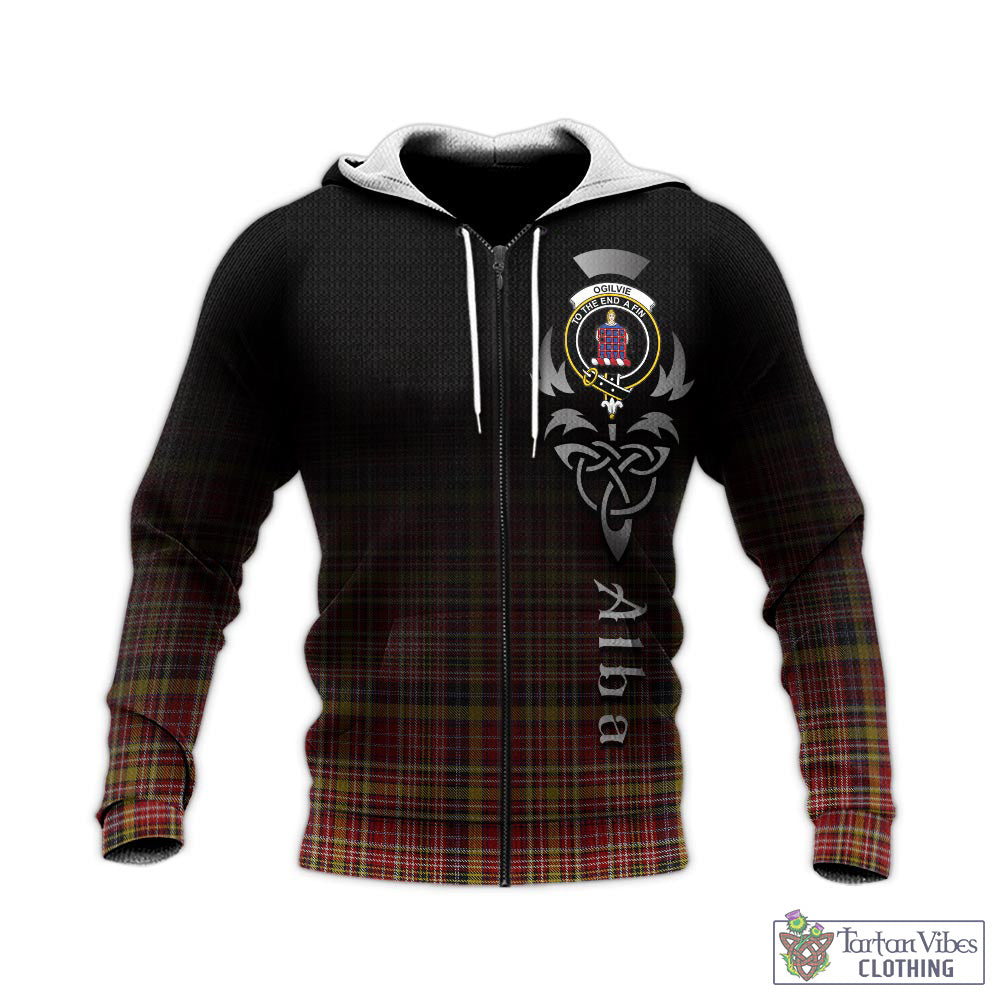 Tartan Vibes Clothing Ogilvie (Ogilvy) of Strathallan Tartan Knitted Hoodie Featuring Alba Gu Brath Family Crest Celtic Inspired