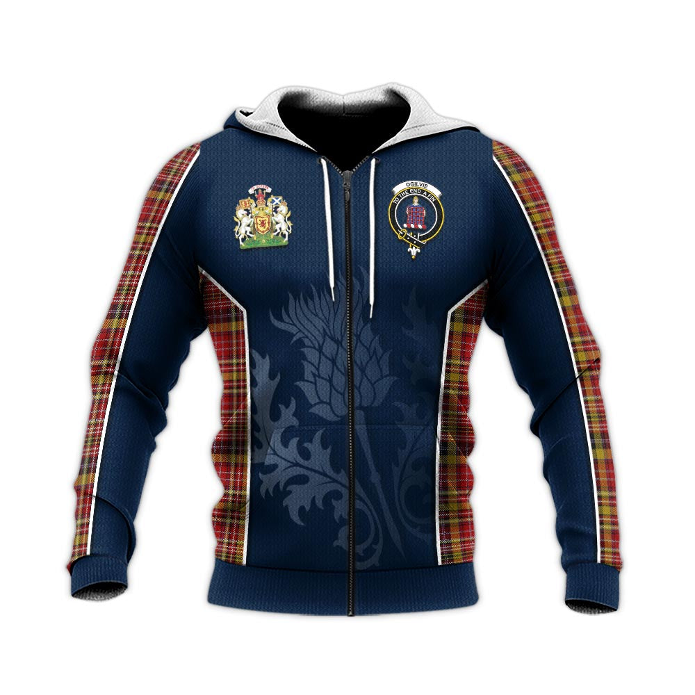 Tartan Vibes Clothing Ogilvie (Ogilvy) of Strathallan Tartan Knitted Hoodie with Family Crest and Scottish Thistle Vibes Sport Style