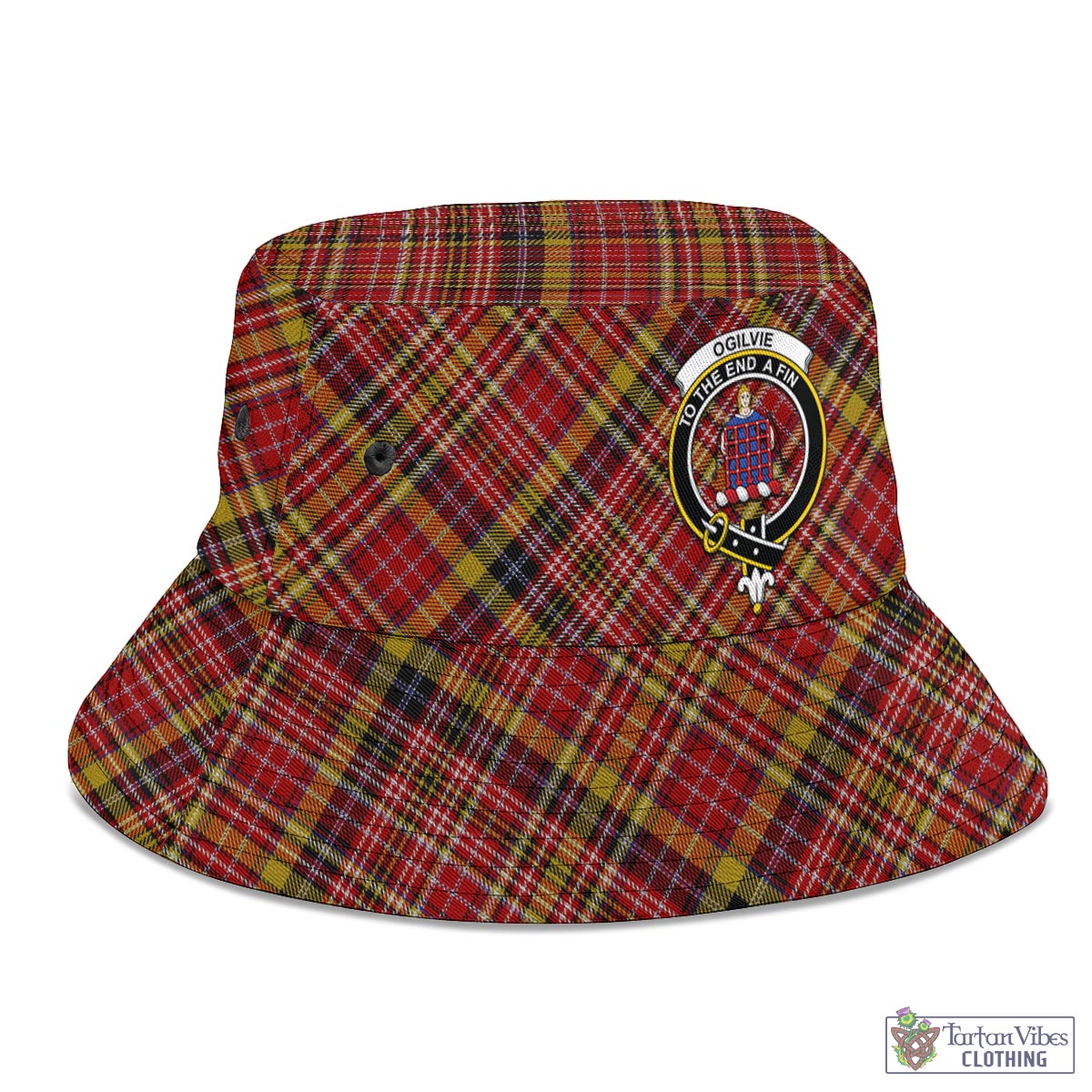 Tartan Vibes Clothing Ogilvie (Ogilvy) of Strathallan Tartan Bucket Hat with Family Crest