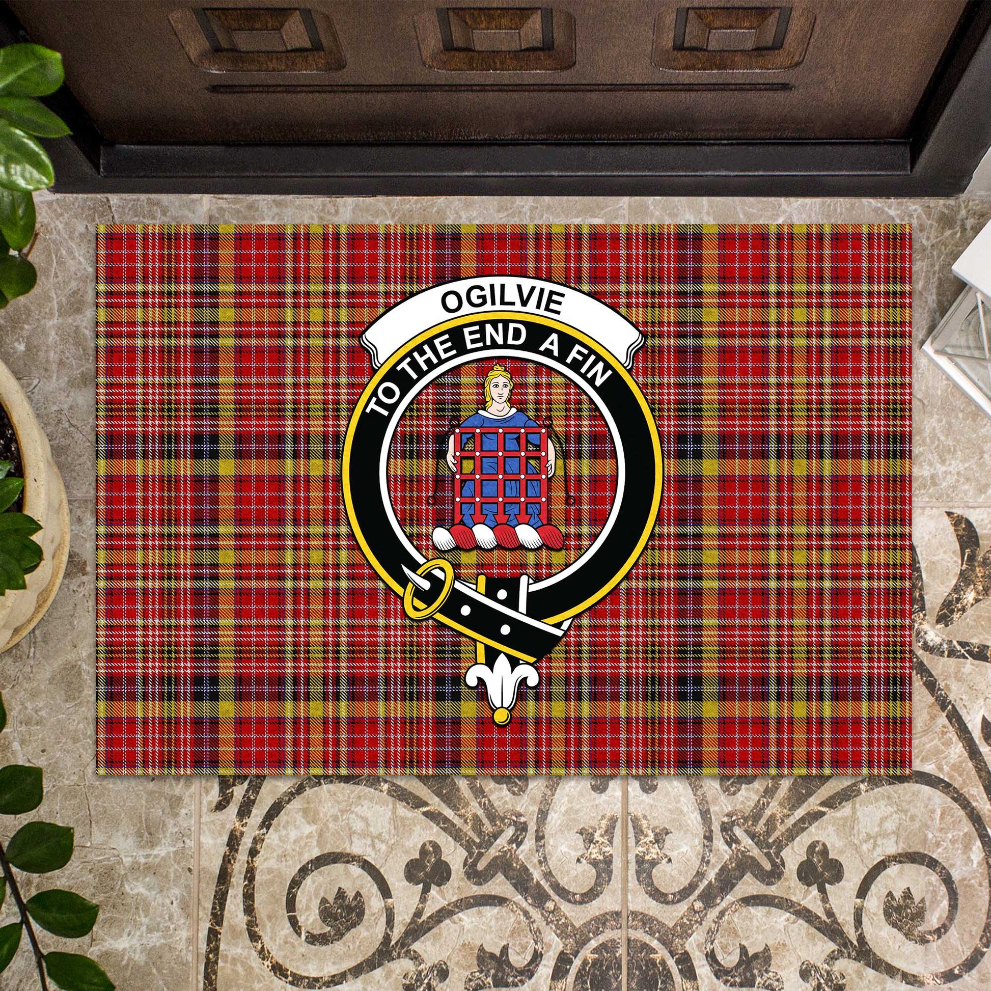 Ogilvie (Ogilvy) of Strathallan Tartan Door Mat with Family Crest - Tartanvibesclothing