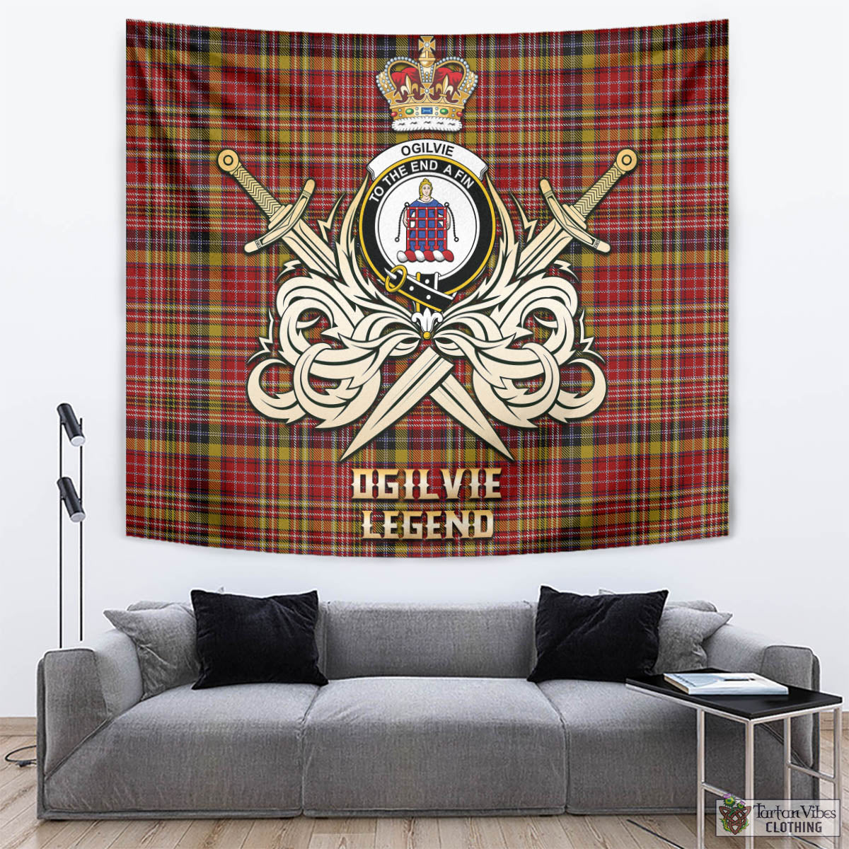 Tartan Vibes Clothing Ogilvie (Ogilvy) of Strathallan Tartan Tapestry with Clan Crest and the Golden Sword of Courageous Legacy