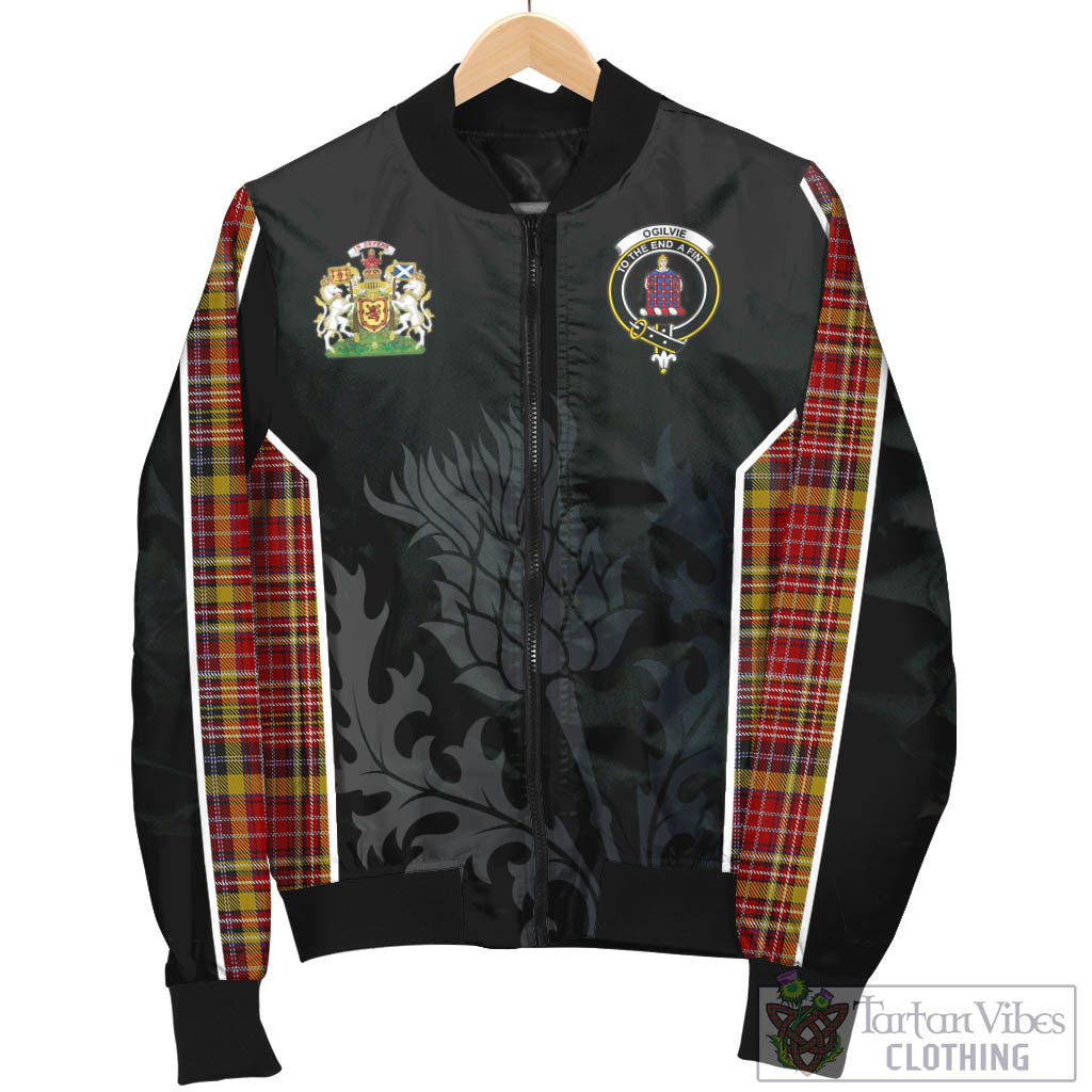 Tartan Vibes Clothing Ogilvie (Ogilvy) of Strathallan Tartan Bomber Jacket with Family Crest and Scottish Thistle Vibes Sport Style