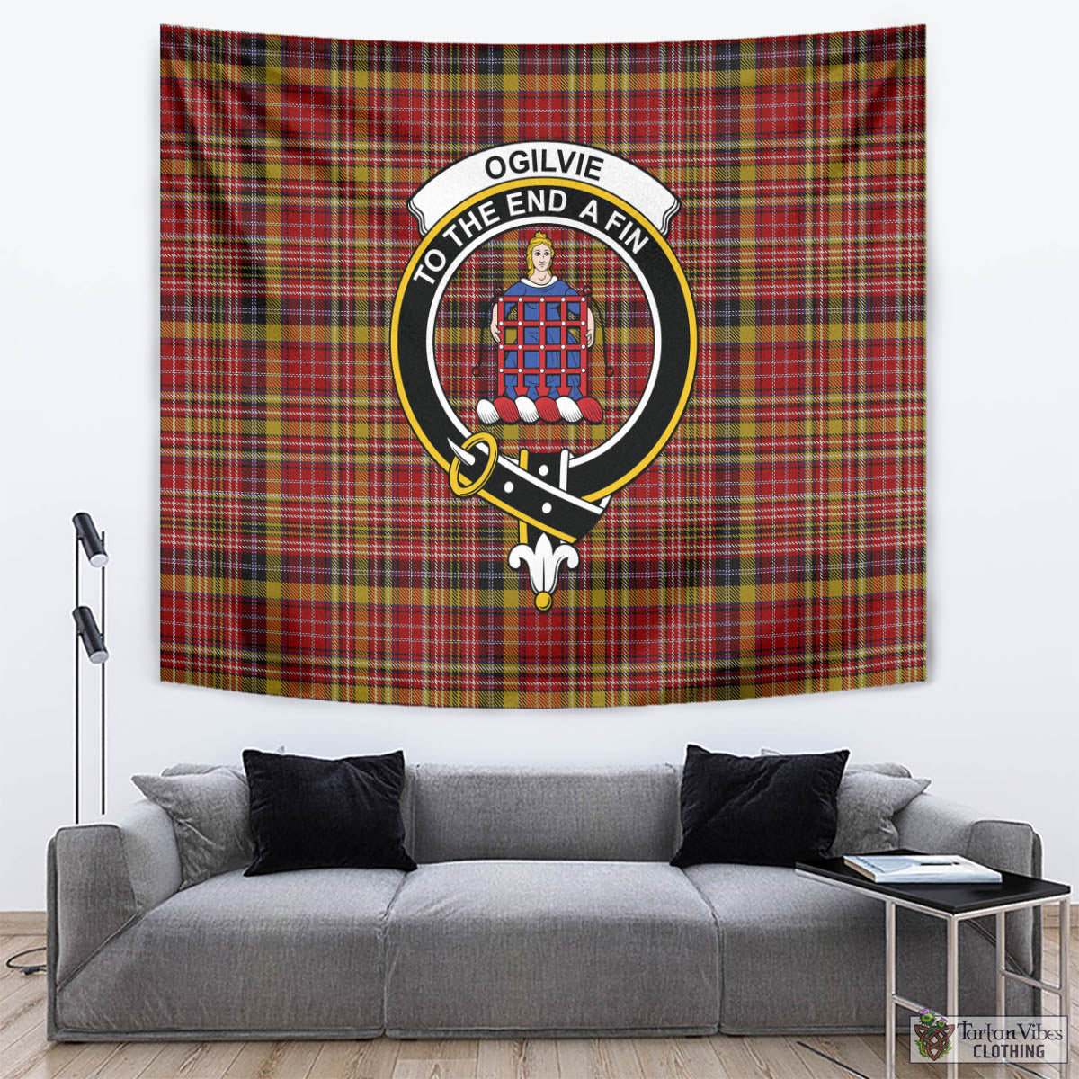 Tartan Vibes Clothing Ogilvie (Ogilvy) of Strathallan Tartan Tapestry Wall Hanging and Home Decor for Room with Family Crest