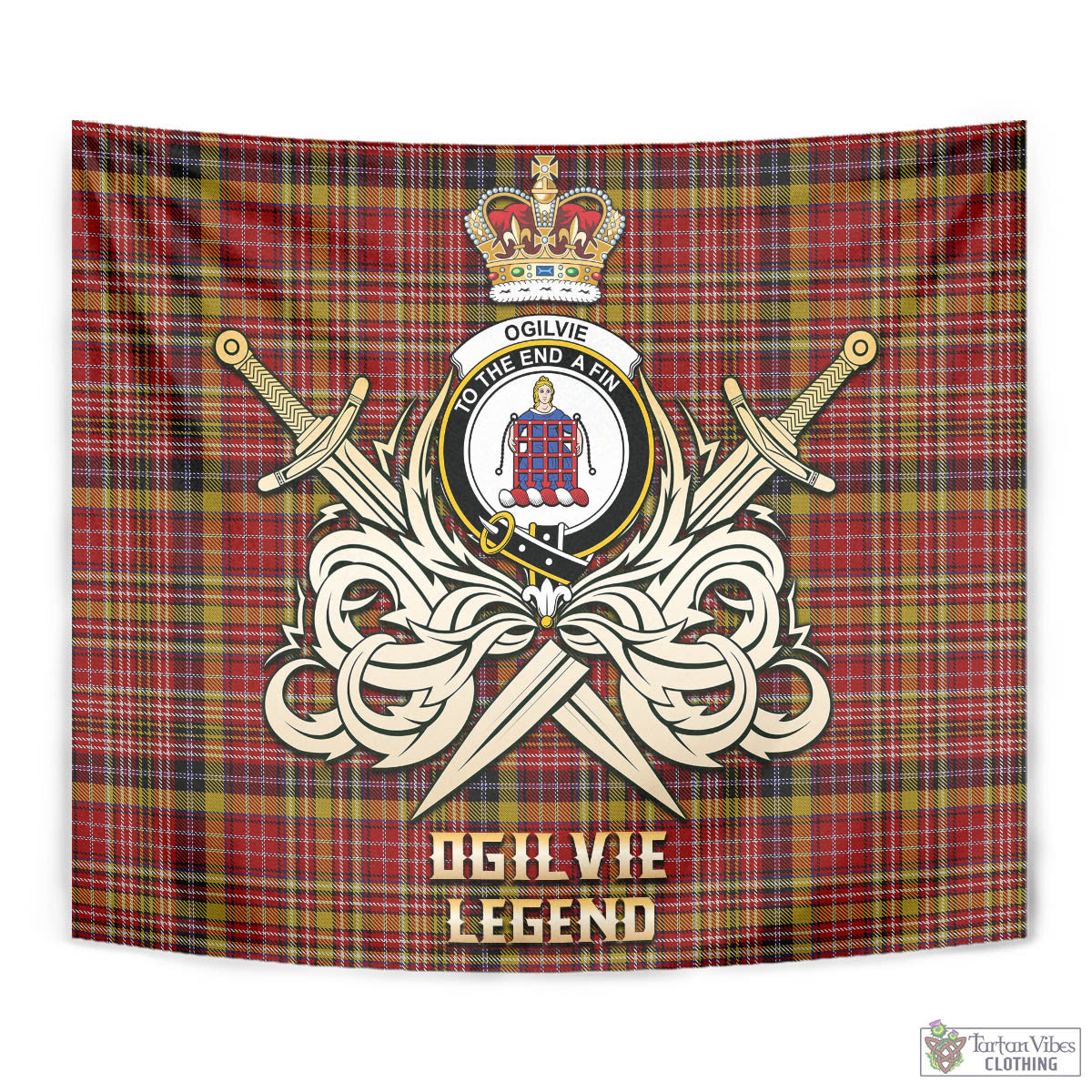 Tartan Vibes Clothing Ogilvie (Ogilvy) of Strathallan Tartan Tapestry with Clan Crest and the Golden Sword of Courageous Legacy