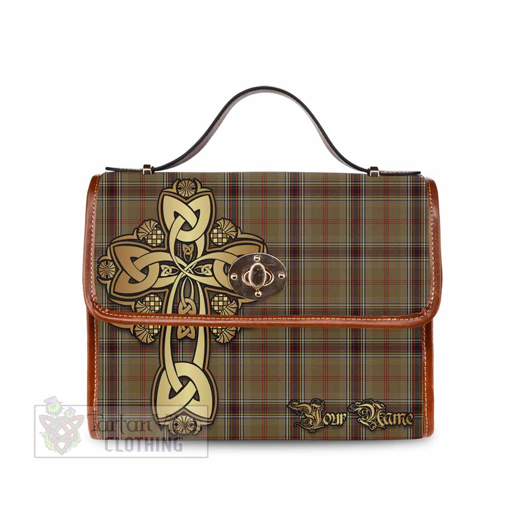 O'Keefe Tartan Waterproof Canvas Bag Golden Thistle Celtic Cross Style Brown Leather Strap One Size 10.5*20*27cm - Tartan Vibes Clothing