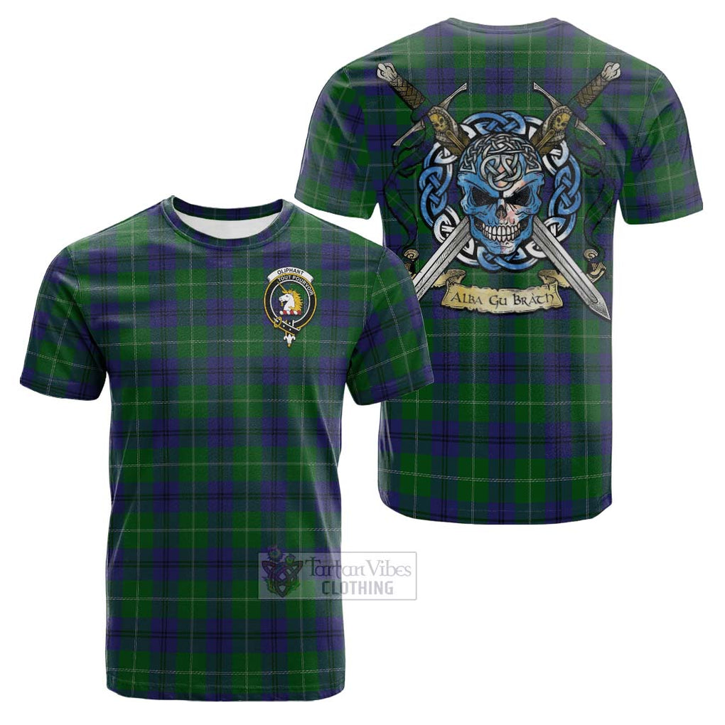 Tartan Vibes Clothing Oliphant Tartan Cotton T-shirt with Family Crest Celtic Skull Style