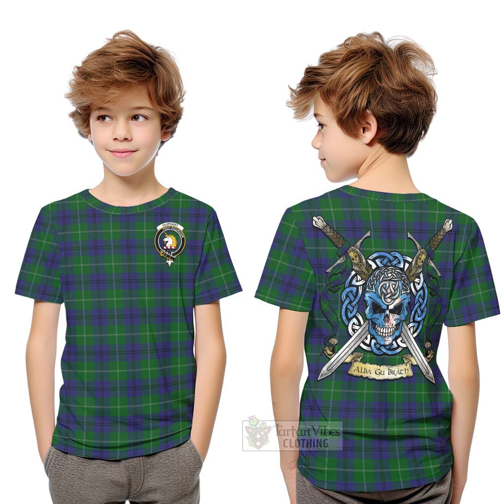 Tartan Vibes Clothing Oliphant Tartan Kid T-Shirt with Family Crest Celtic Skull Style