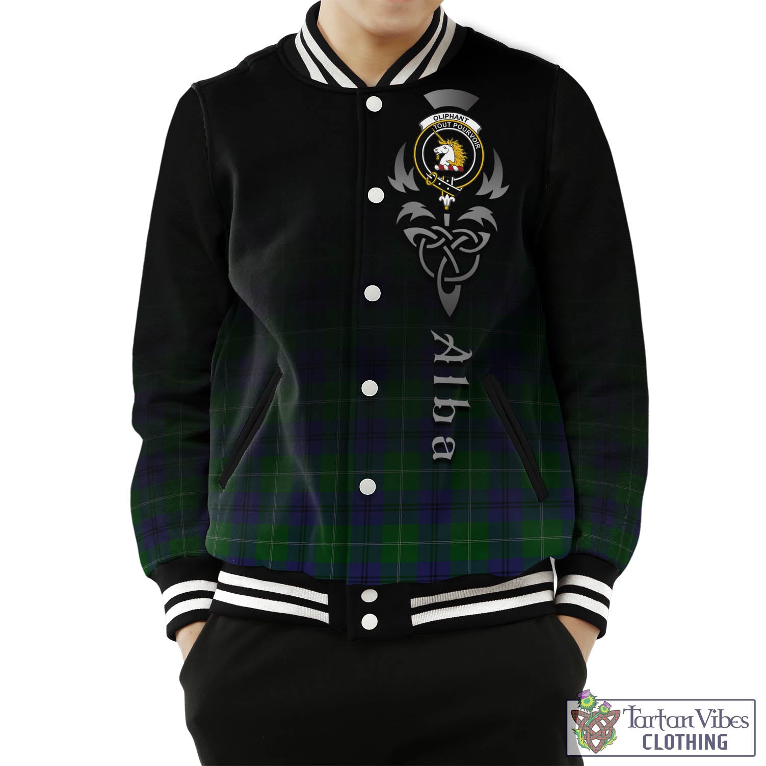 Tartan Vibes Clothing Oliphant Tartan Baseball Jacket Featuring Alba Gu Brath Family Crest Celtic Inspired