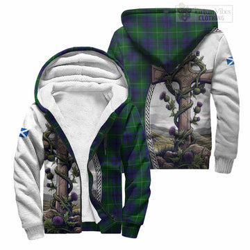 Oliphant Tartan Sherpa Hoodie with Family Crest and St. Andrew's Cross Accented by Thistle Vines Unisex S - Tartan Vibes Clothing