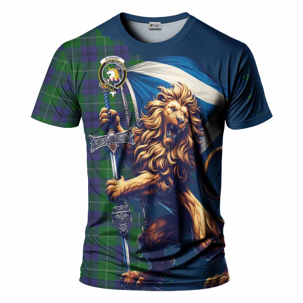 Tartan Vibes Clothing Oliphant Tartan Family Crest T-Shirt with Scottish Majestic Lion