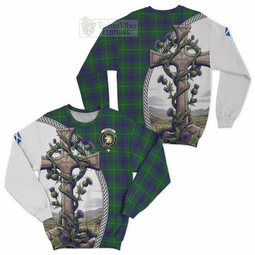 Oliphant Tartan Sweatshirt with Family Crest and St. Andrew's Cross Accented by Thistle Vines Unisex - Tartan Vibes Clothing