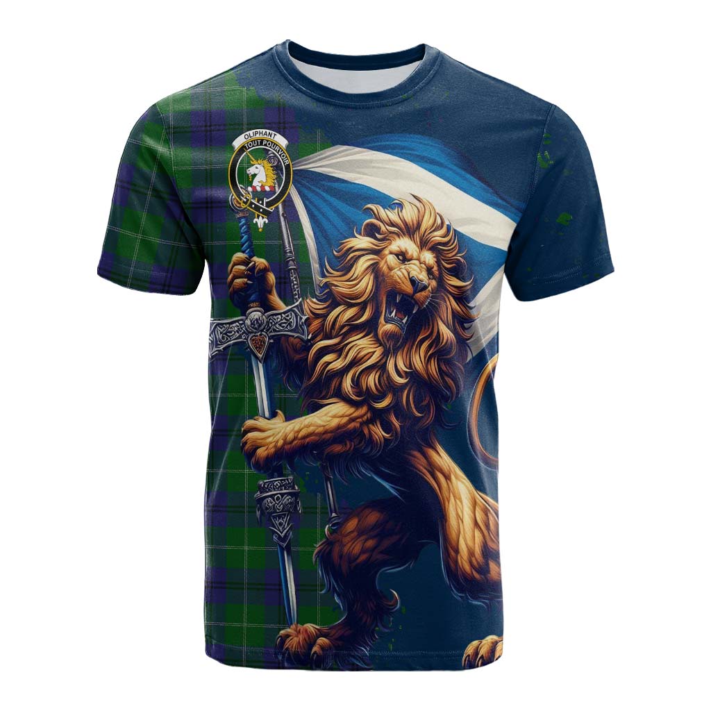 Tartan Vibes Clothing Oliphant Tartan Family Crest Cotton T-shirt with Scottish Majestic Lion