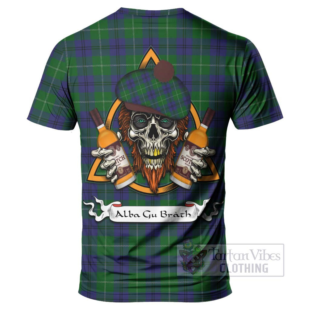 Tartan Vibes Clothing Oliphant Tartan T-Shirt with Family Crest and Bearded Skull Holding Bottles of Whiskey