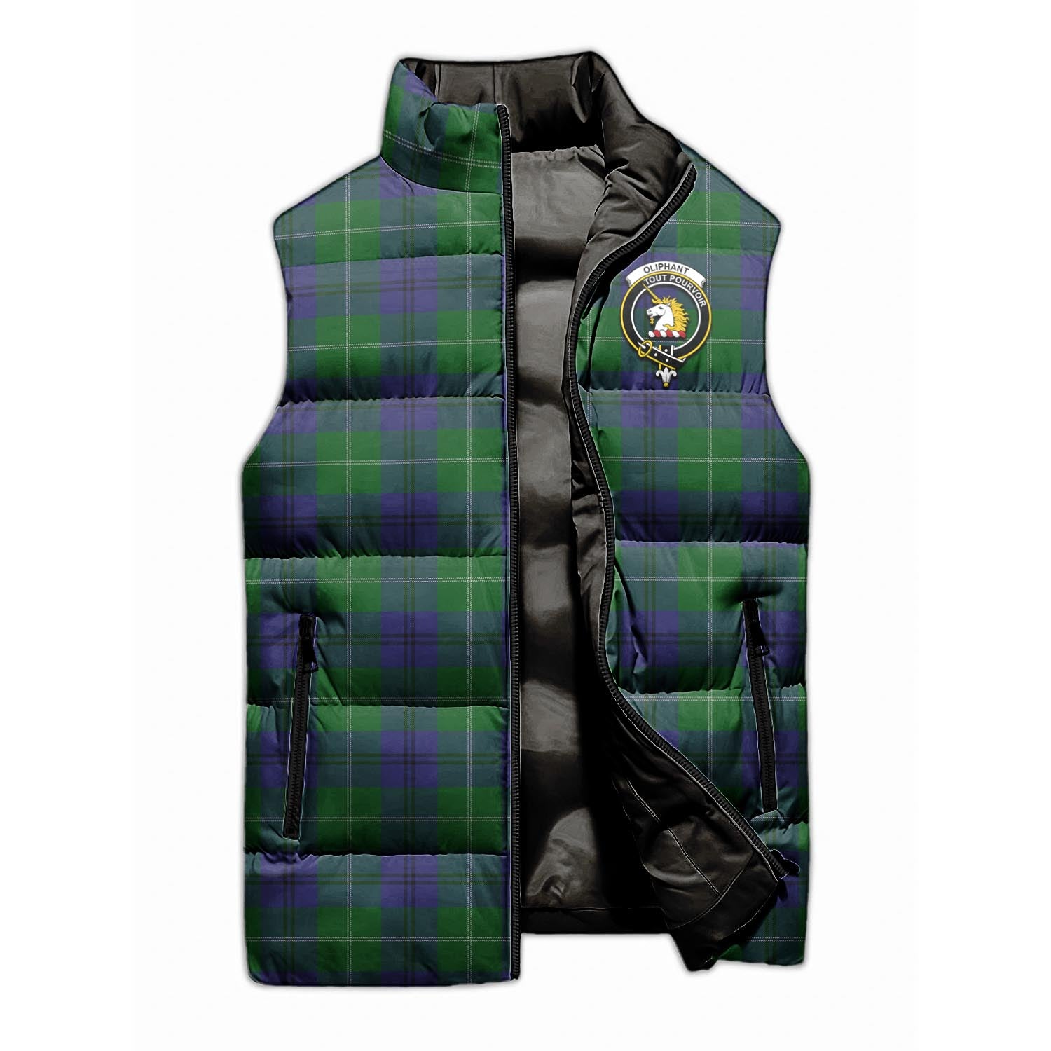 Oliphant Tartan Sleeveless Puffer Jacket with Family Crest - Tartan Vibes Clothing