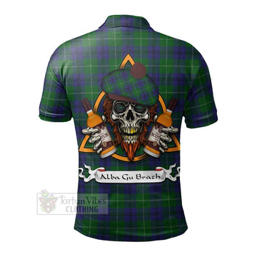 Oliphant Tartan Polo Shirt with Family Crest and Bearded Skull Holding Bottles of Whiskey