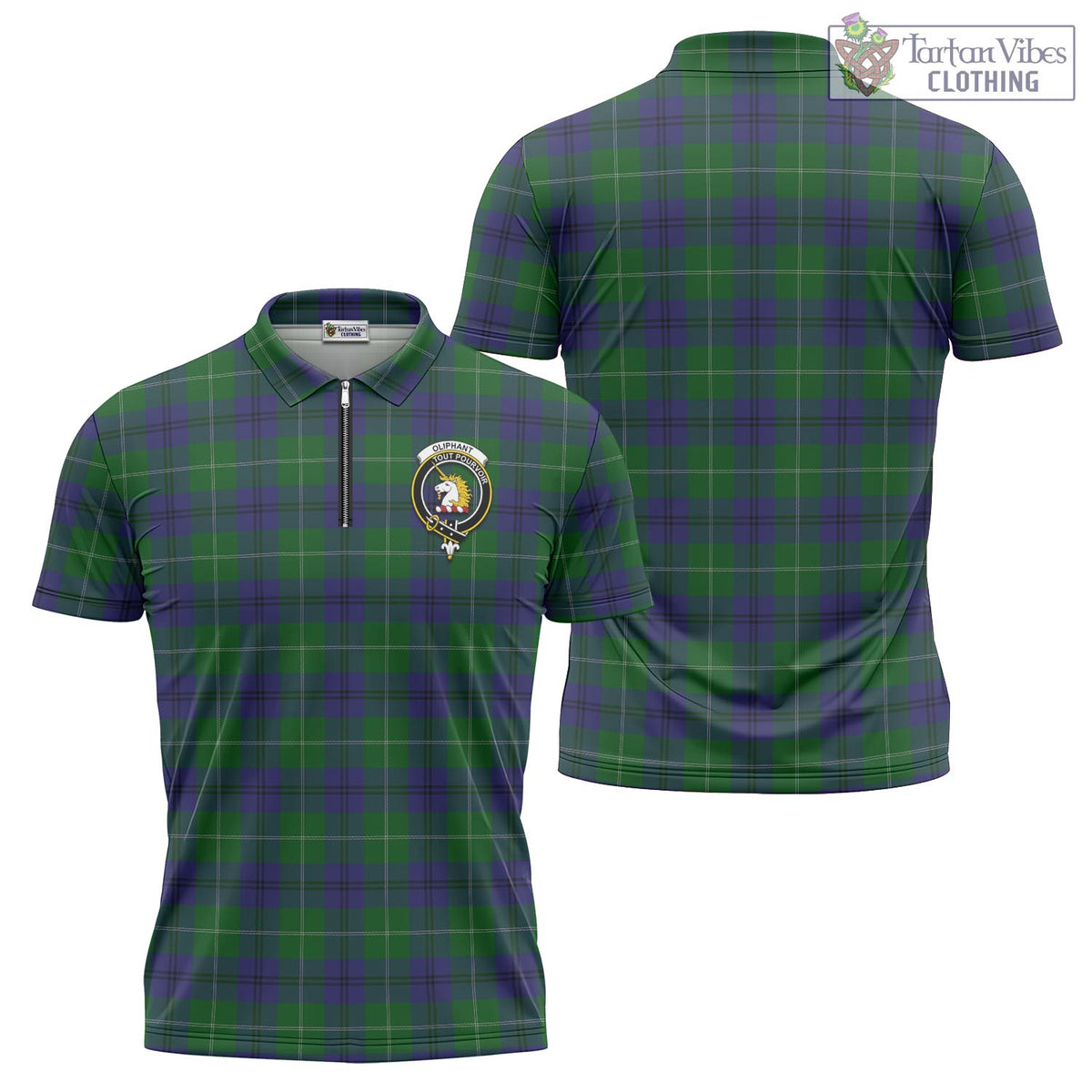 Oliphant Tartan Zipper Polo Shirt with Family Crest - Tartan Vibes Clothing