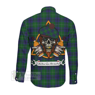 Oliphant Tartan Long Sleeve Button Shirt with Family Crest and Bearded Skull Holding Bottles of Whiskey