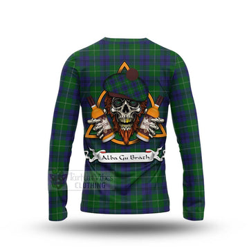 Oliphant Tartan Long Sleeve T-Shirt with Family Crest and Bearded Skull Holding Bottles of Whiskey - Tartan Vibes Clothing