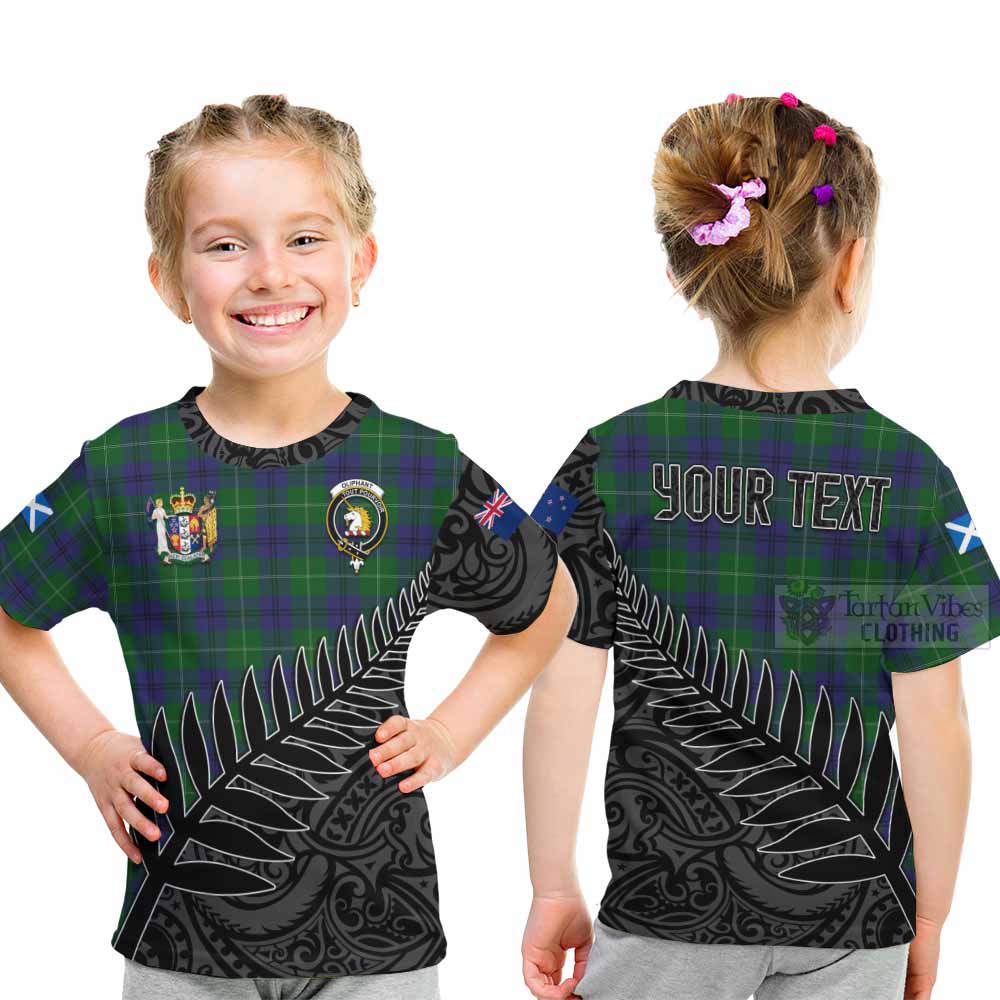 Tartan Vibes Clothing Oliphant Crest Tartan Kid T-Shirt with New Zealand Silver Fern Half Style