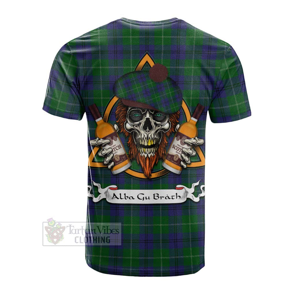 Tartan Vibes Clothing Oliphant Tartan Cotton T-shirt with Family Crest and Bearded Skull Holding Bottles of Whiskey