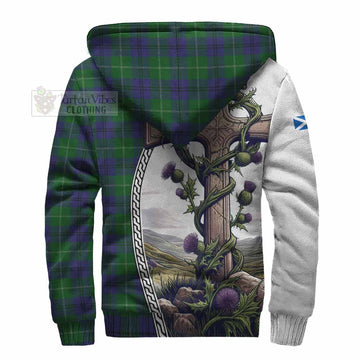 Oliphant Tartan Sherpa Hoodie with Family Crest and St. Andrew's Cross Accented by Thistle Vines - Tartan Vibes Clothing