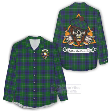 Oliphant Tartan Women's Casual Shirt with Family Crest and Bearded Skull Holding Bottles of Whiskey