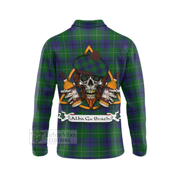 Oliphant Tartan Long Sleeve Polo Shirt with Family Crest and Bearded Skull Holding Bottles of Whiskey - Tartan Vibes Clothing