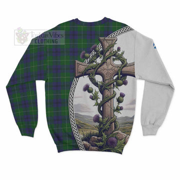 Oliphant Tartan Sweatshirt with Family Crest and St. Andrew's Cross Accented by Thistle Vines - Tartan Vibes Clothing