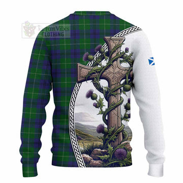 Oliphant Tartan Knitted Sweater with Family Crest and St. Andrew's Cross Accented by Thistle Vines - Tartan Vibes Clothing