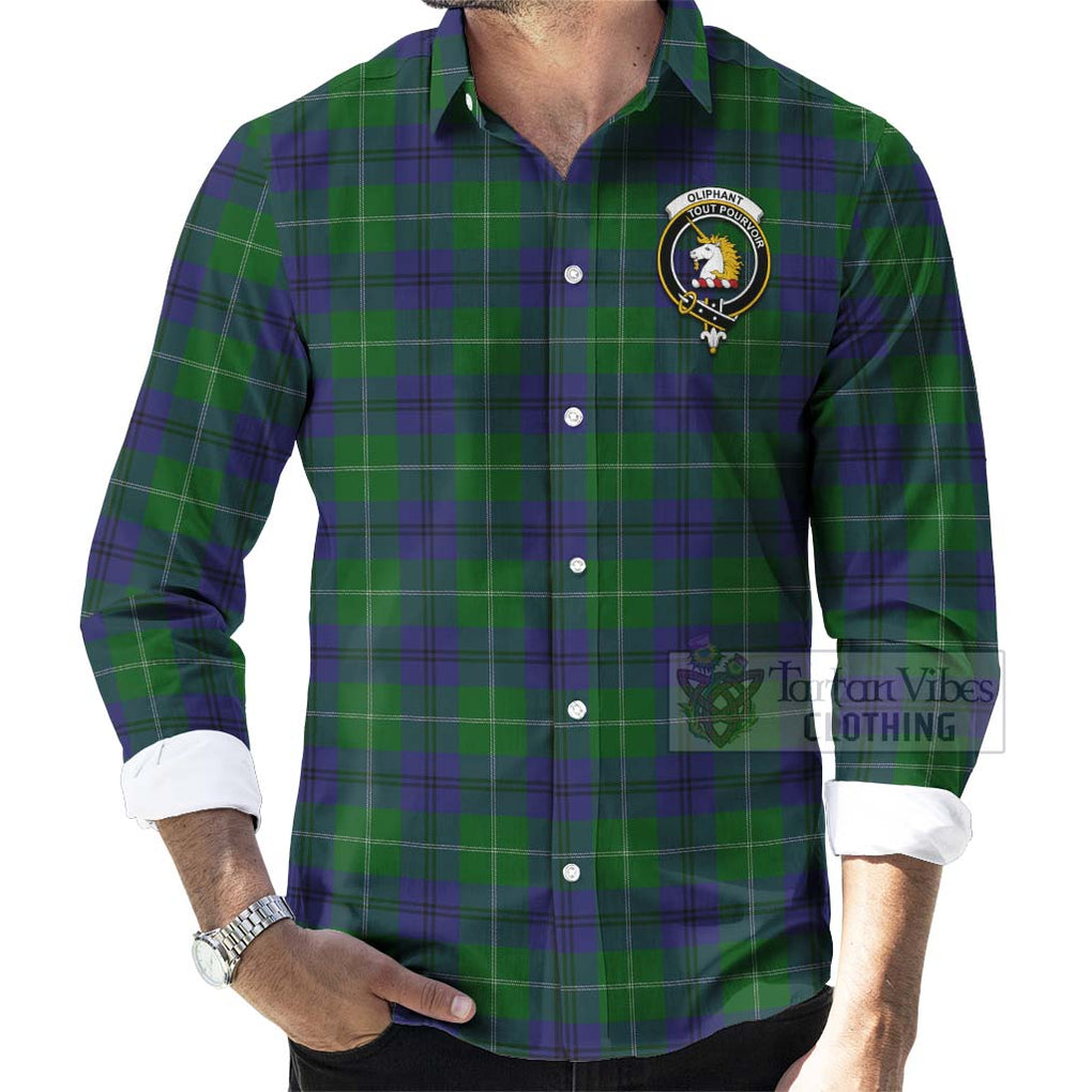 Tartan Vibes Clothing Oliphant Tartan Long Sleeve Button Shirt with Family Crest Celtic Skull Style