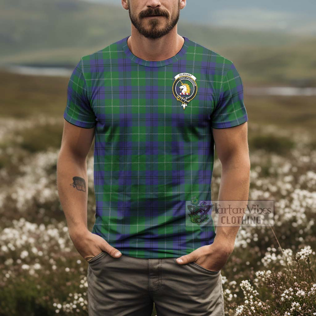 Tartan Vibes Clothing Oliphant Tartan T-Shirt with Family Crest and Bearded Skull Holding Bottles of Whiskey