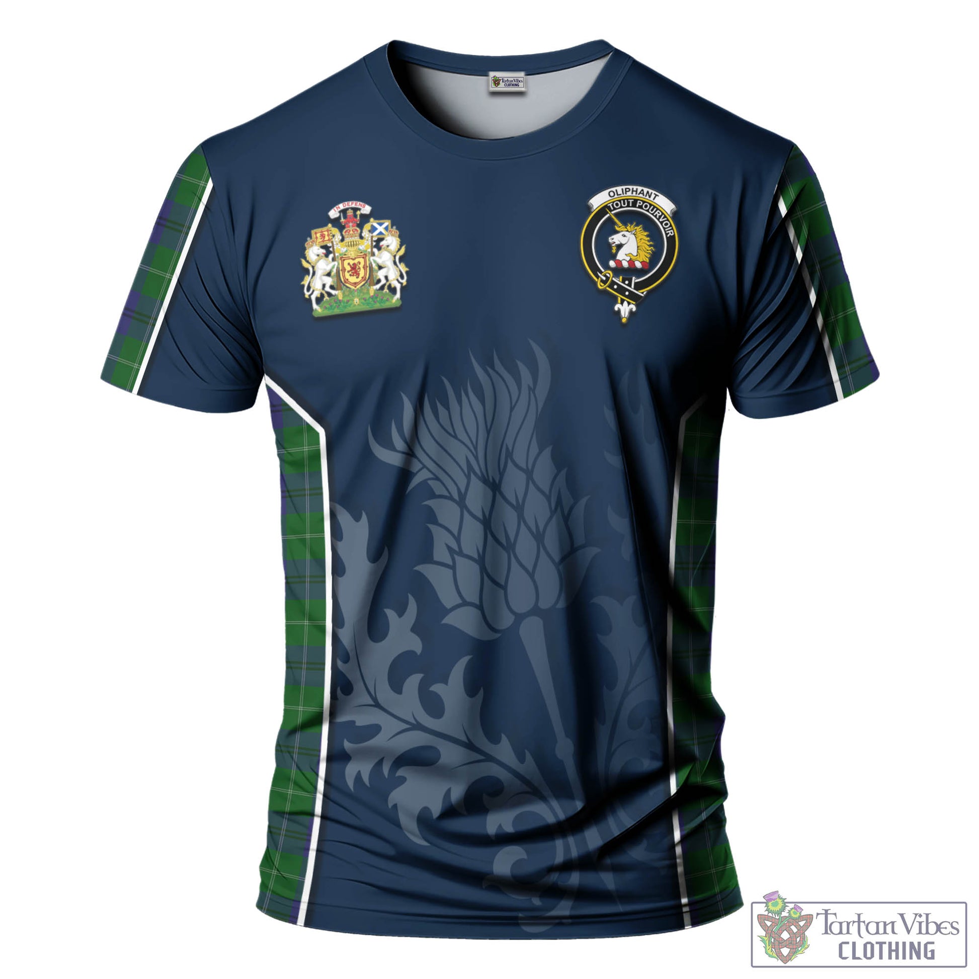 Tartan Vibes Clothing Oliphant Tartan T-Shirt with Family Crest and Scottish Thistle Vibes Sport Style