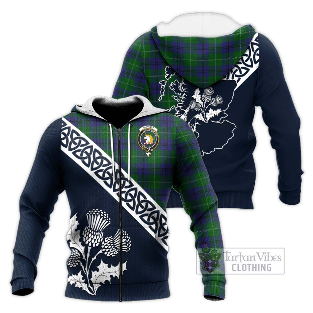 Oliphant Tartan Knitted Hoodie Featuring Thistle and Scotland Map Unisex Knitted Zip Hoodie - Tartan Vibes Clothing