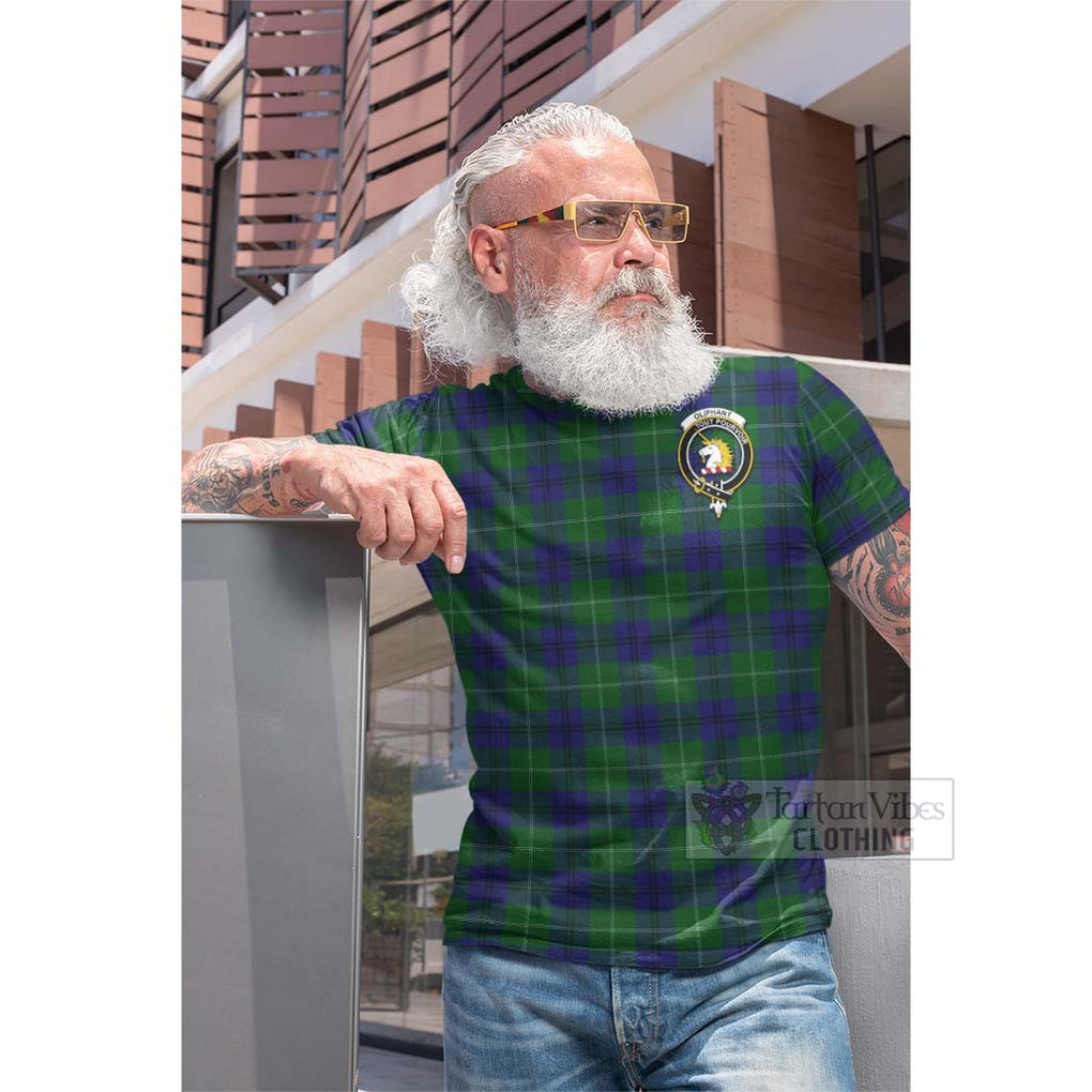 Tartan Vibes Clothing Oliphant Tartan Cotton T-shirt with Family Crest and Bearded Skull Holding Bottles of Whiskey