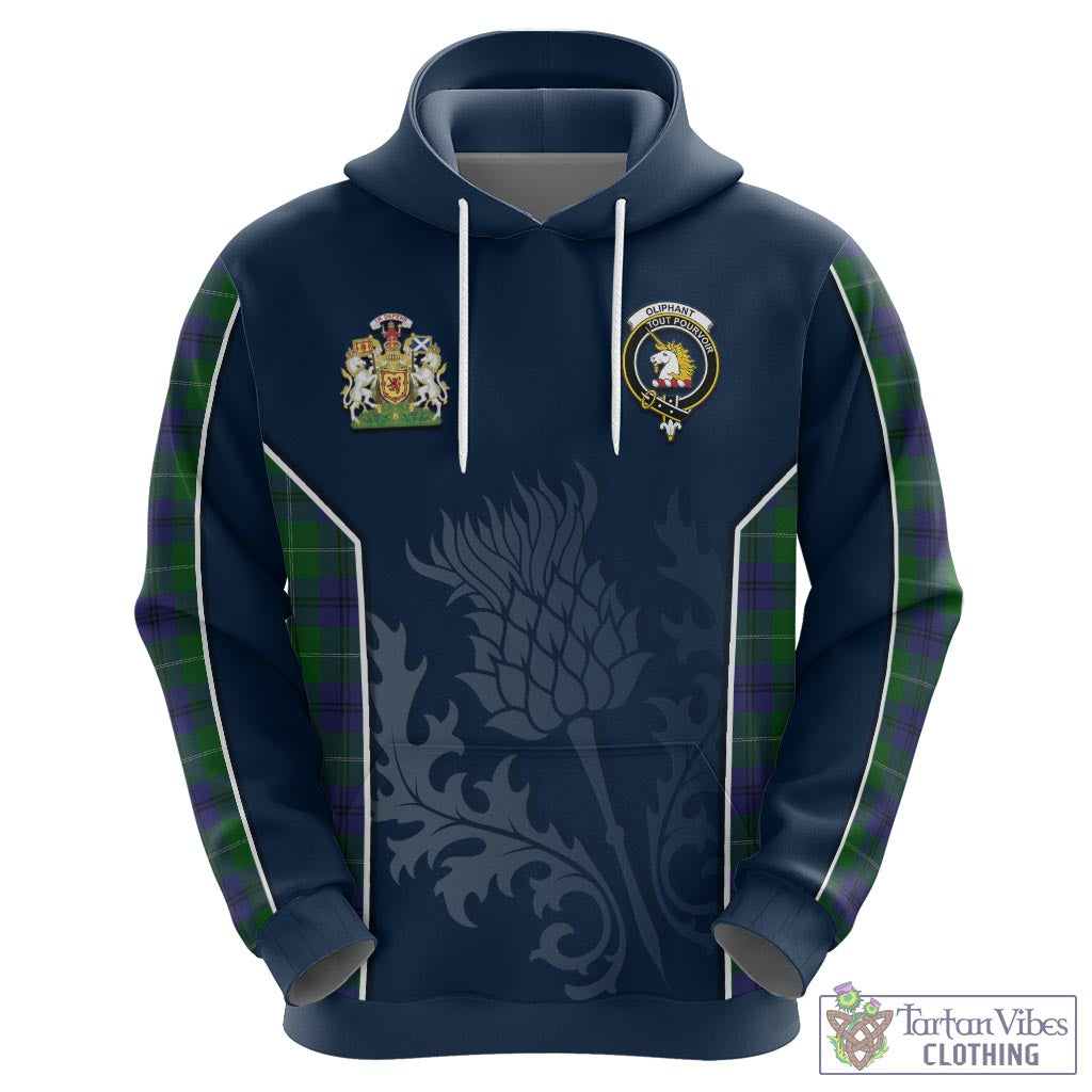 Tartan Vibes Clothing Oliphant Tartan Hoodie with Family Crest and Scottish Thistle Vibes Sport Style