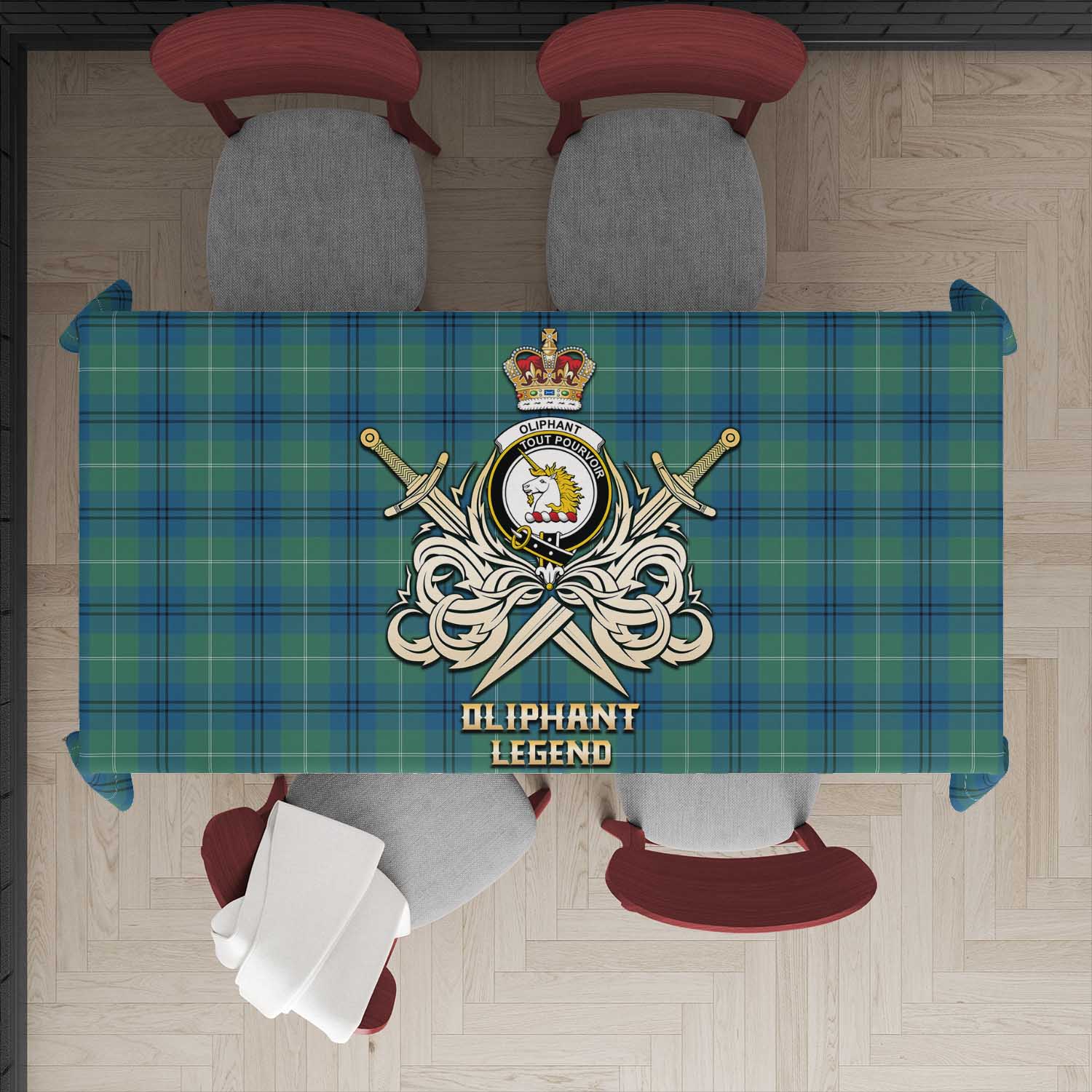 Tartan Vibes Clothing Oliphant Ancient Tartan Tablecloth with Clan Crest and the Golden Sword of Courageous Legacy