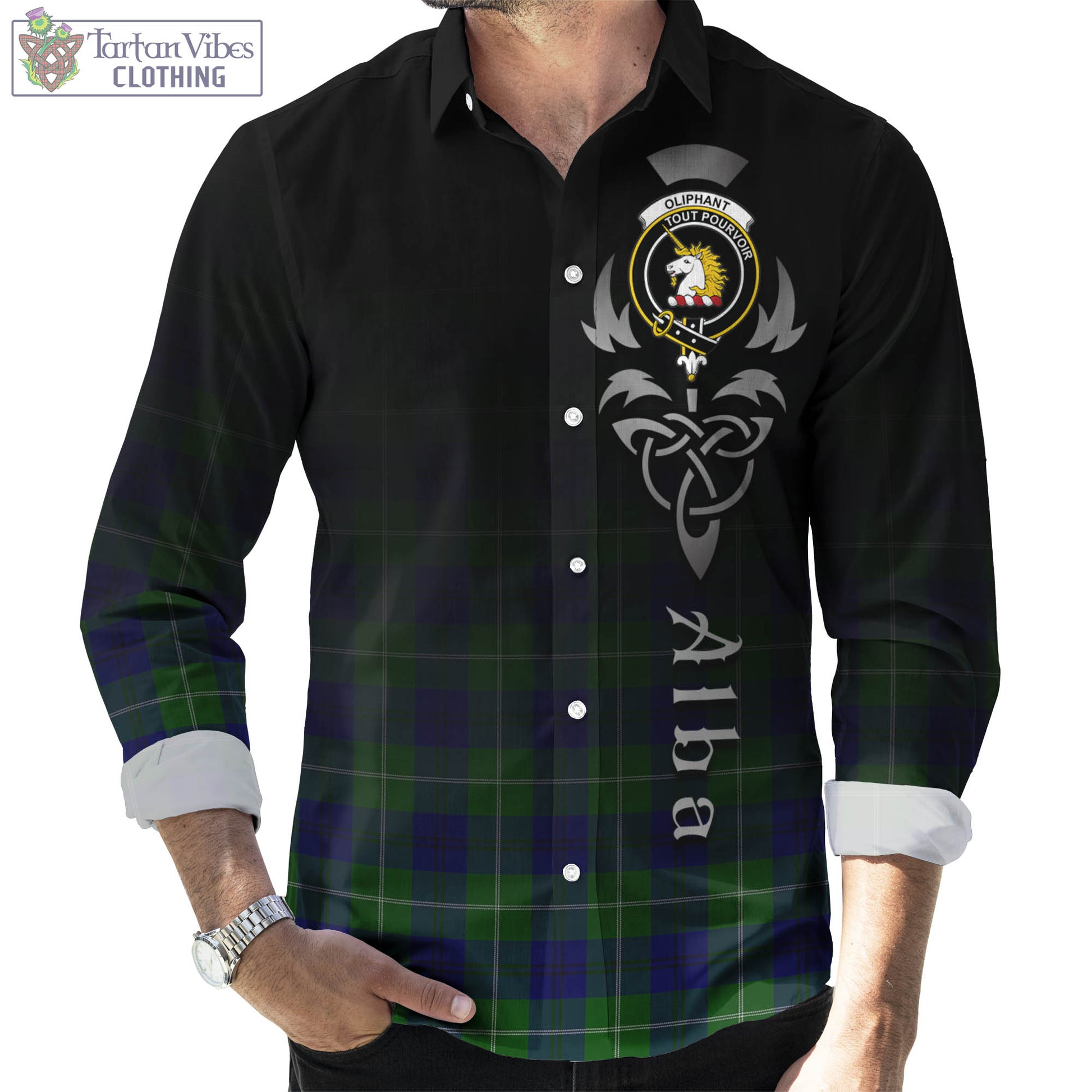 Tartan Vibes Clothing Oliphant Modern Tartan Long Sleeve Button Up Featuring Alba Gu Brath Family Crest Celtic Inspired