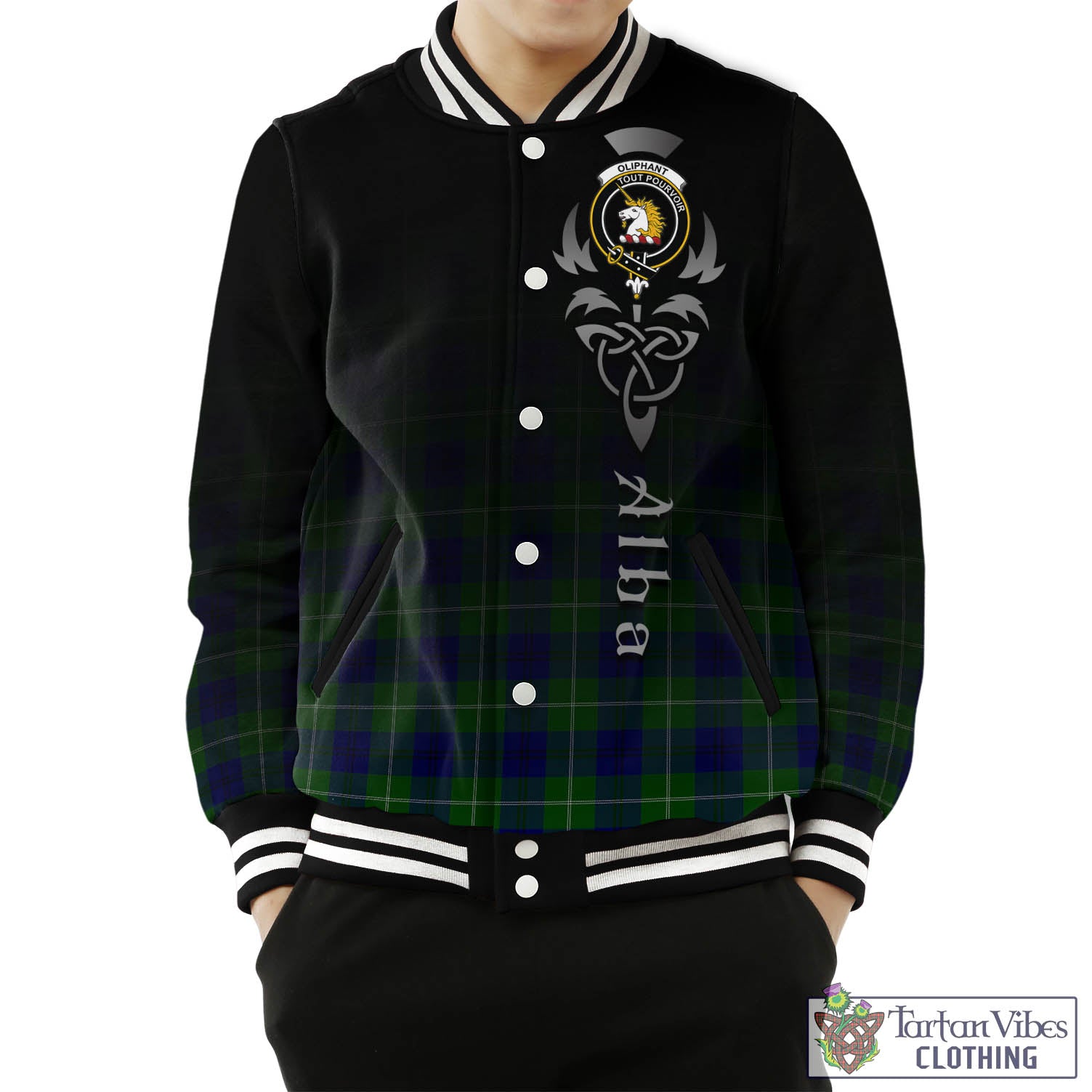 Tartan Vibes Clothing Oliphant Modern Tartan Baseball Jacket Featuring Alba Gu Brath Family Crest Celtic Inspired