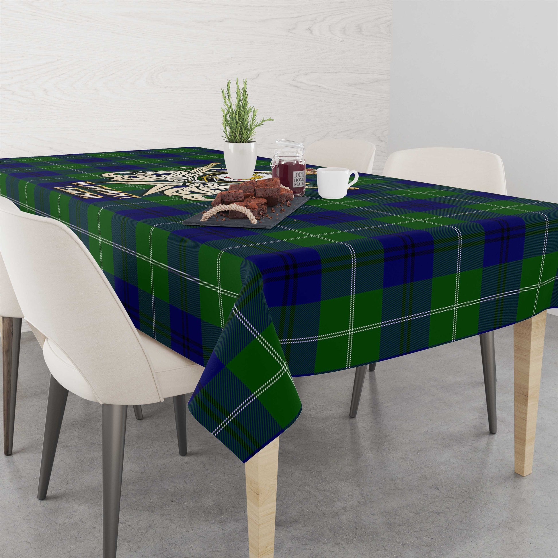 Tartan Vibes Clothing Oliphant Modern Tartan Tablecloth with Clan Crest and the Golden Sword of Courageous Legacy