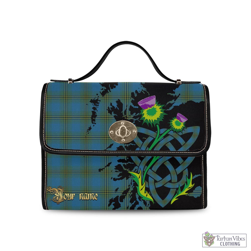 Oliver Tartan Waterproof Canvas Bag with Scotland Map and Thistle Celtic Accents Black Leather Strap One Size 10.5*20*27cm - Tartan Vibes Clothing