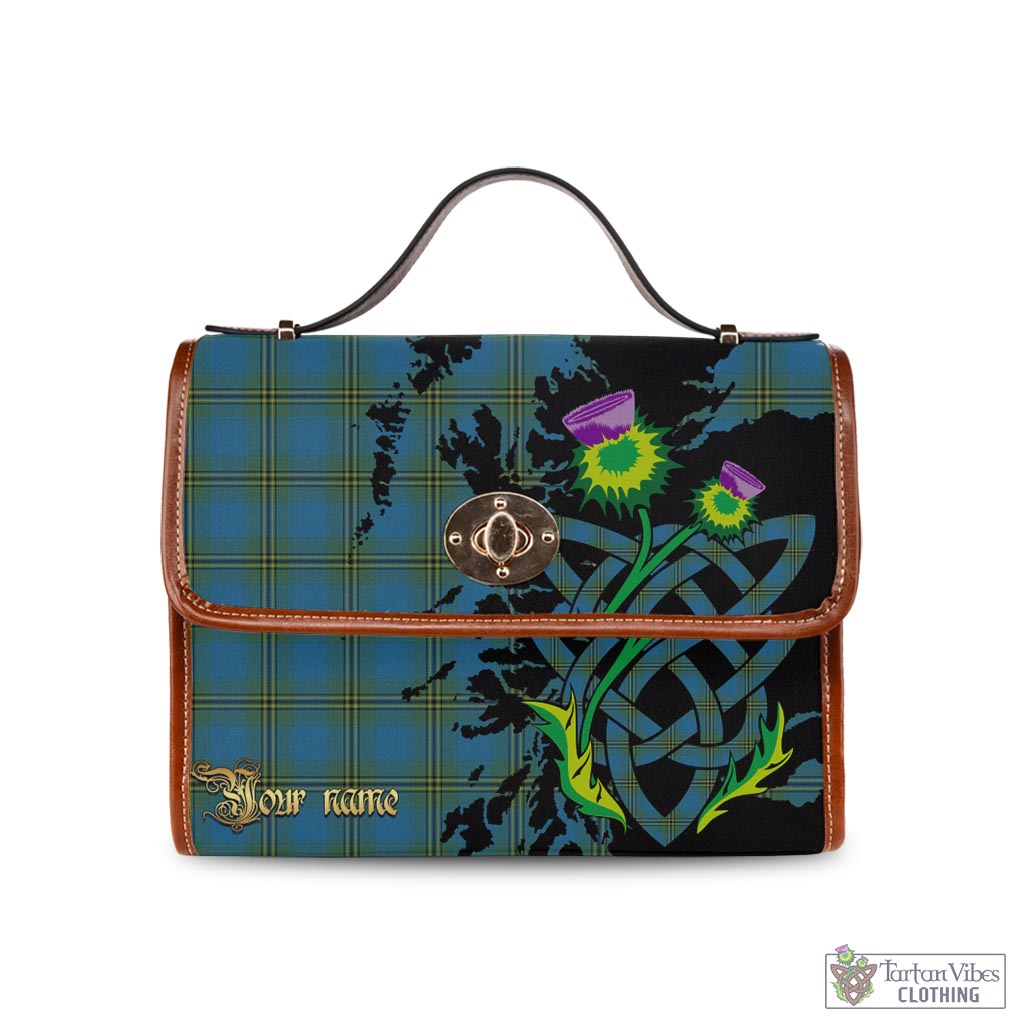 Oliver Tartan Waterproof Canvas Bag with Scotland Map and Thistle Celtic Accents Brown Leather Strap One Size 10.5*20*27cm - Tartan Vibes Clothing