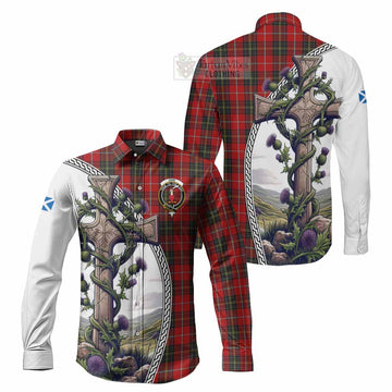 Orr Tartan Long Sleeve Button Shirt with Family Crest and St. Andrew's Cross Accented by Thistle Vines Men's Shirt S - Tartan Vibes Clothing
